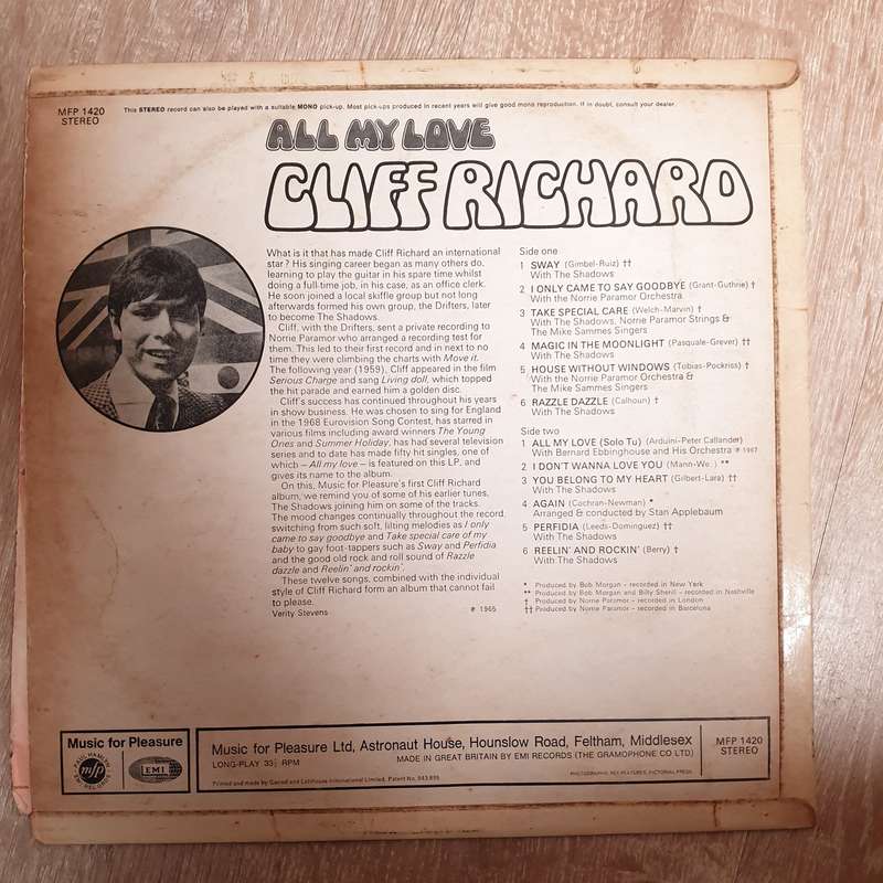 Cliff Richard  All My Love -  Vinyl LP Record - Very-Good+ Quality (VG+)