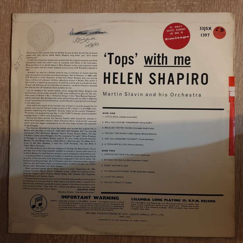 Helen Shapiro  'Tops' With Me -  Vinyl LP Record - Very-Good+ Quality (VG+)