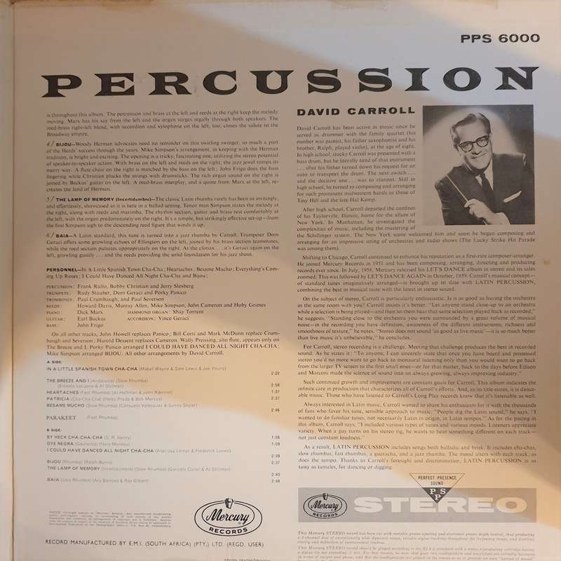 David Carroll And His Orchestra  Latin Percussion - Vinyl LP Record - Opened  - Very-Good Q...