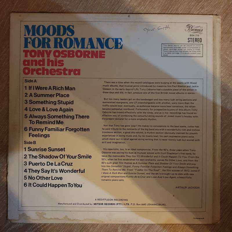 Tony Osborne And His Orchestra  Moods For Romance - Vinyl LP Record - Very-Good- Quality (VG-)