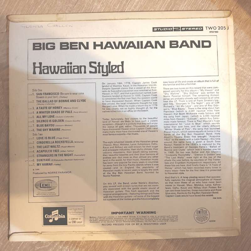 Big Ben Hawaiian Band  Hawaiian Styled - Vinyl LP Record - Opened  - Very-Good Quality (VG)