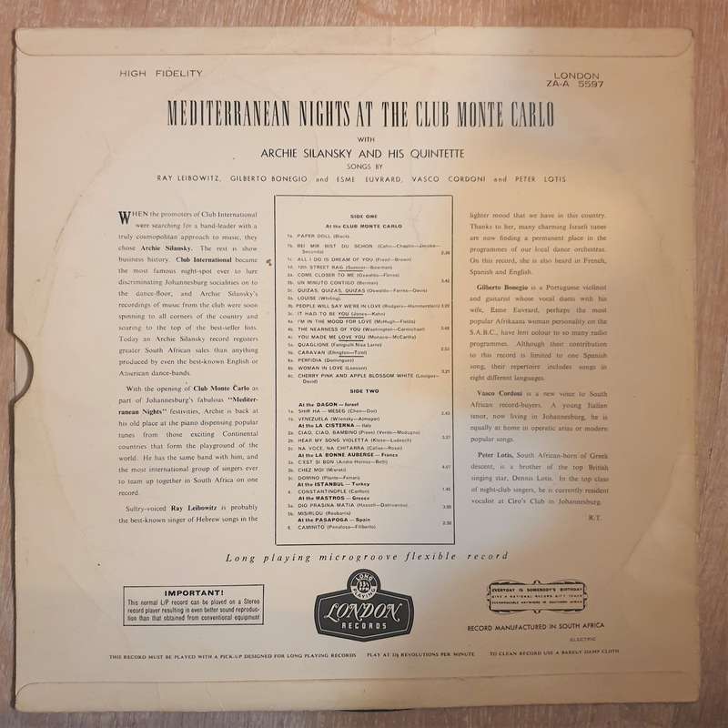 Archie Silansky & His Orchestra - Mediterranean Nights at the Club Monte Carlo  Vinyl LP Re...