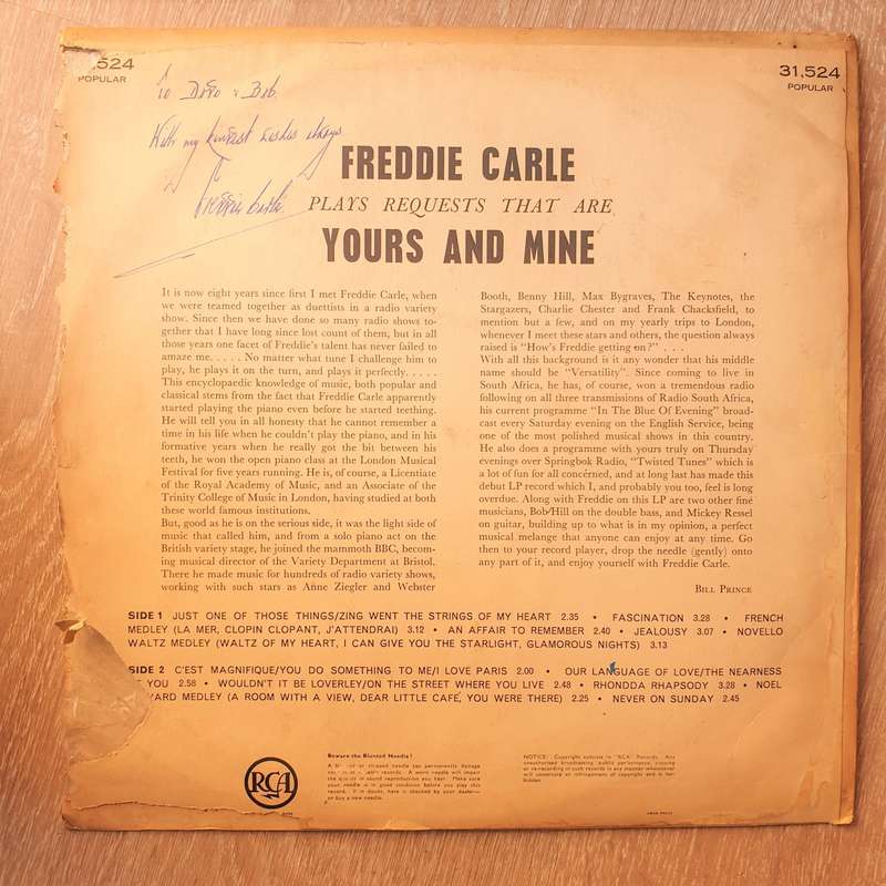 Freddie Carle - Yours and Mine - Autographed - Vinyl LP Record - Good+ Quality (G+)
