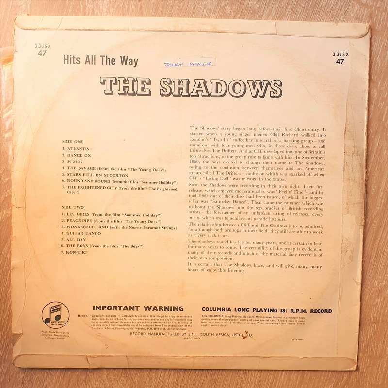 The Shadows - Hits All The Way - Vinyl LP Record - Good+ Quality (G+)