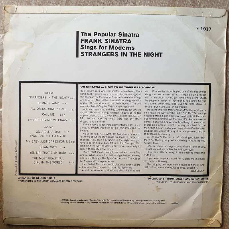 Frank Sinatra  Strangers In The Night - Vinyl LP Record - Very-Good+ Quality (VG+)