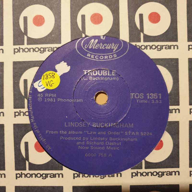 Lindsey Buckingham  Trouble - Vinyl 7" Record - Opened  - Very-Good Quality (VG)