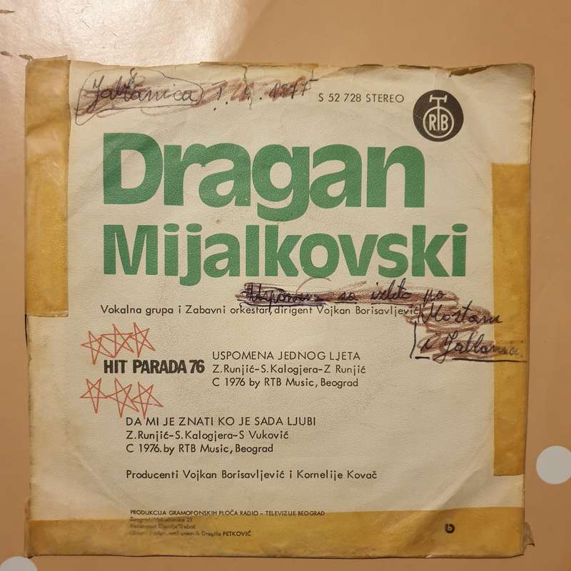 Dragan Mijalkovski  Uspomena Jednog Ljeta - Vinyl 7" Record - Very-Good- Quality (VG-)