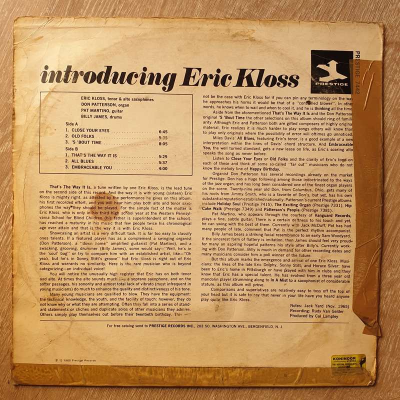 Eric Kloss With Don Patterson  Introducing Eric Kloss - Vinyl LP Record - Opened  - Fair Qu...