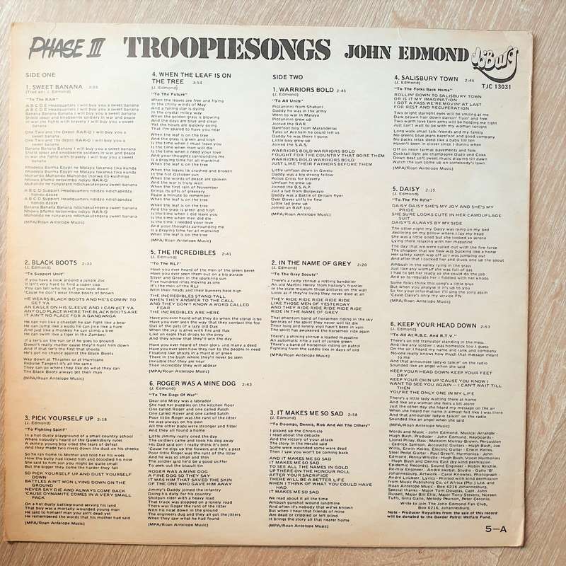 John Edmond  Troopiesongs - Phase III  Vinyl LP Record - Very-Good+ Quality (VG+)