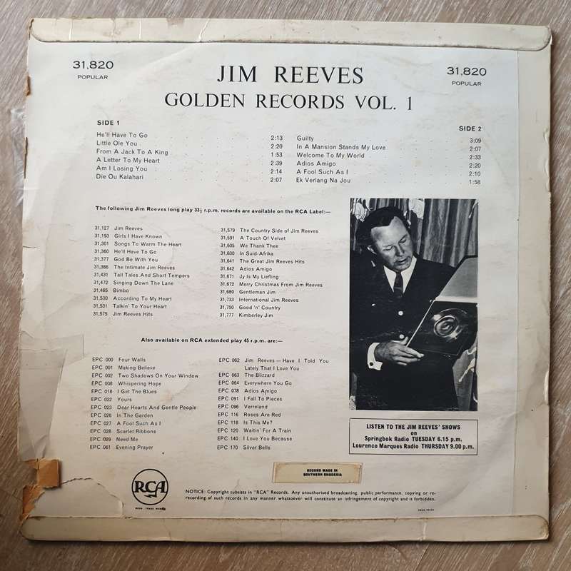 Jim Reeves Golden Records - Volume 1 - Vinyl LP Record  (VG-)