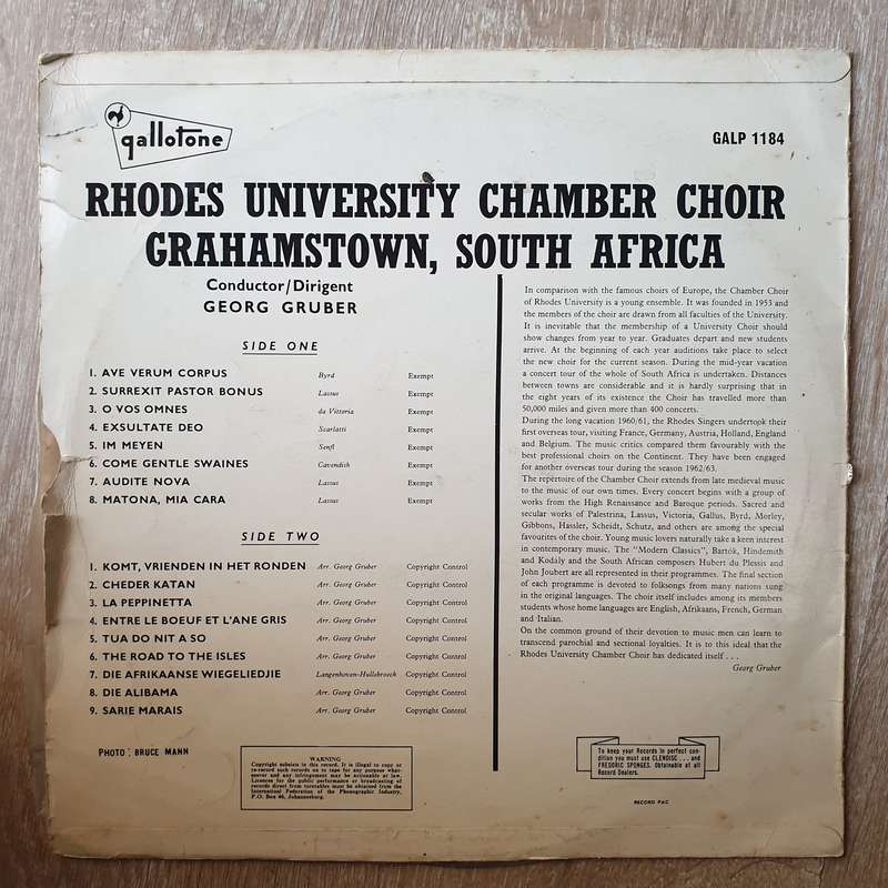 Rhodes University Chamber Choir - Conducted by Georg Gruber  Vinyl LP Record - Very-Good+ Qual...