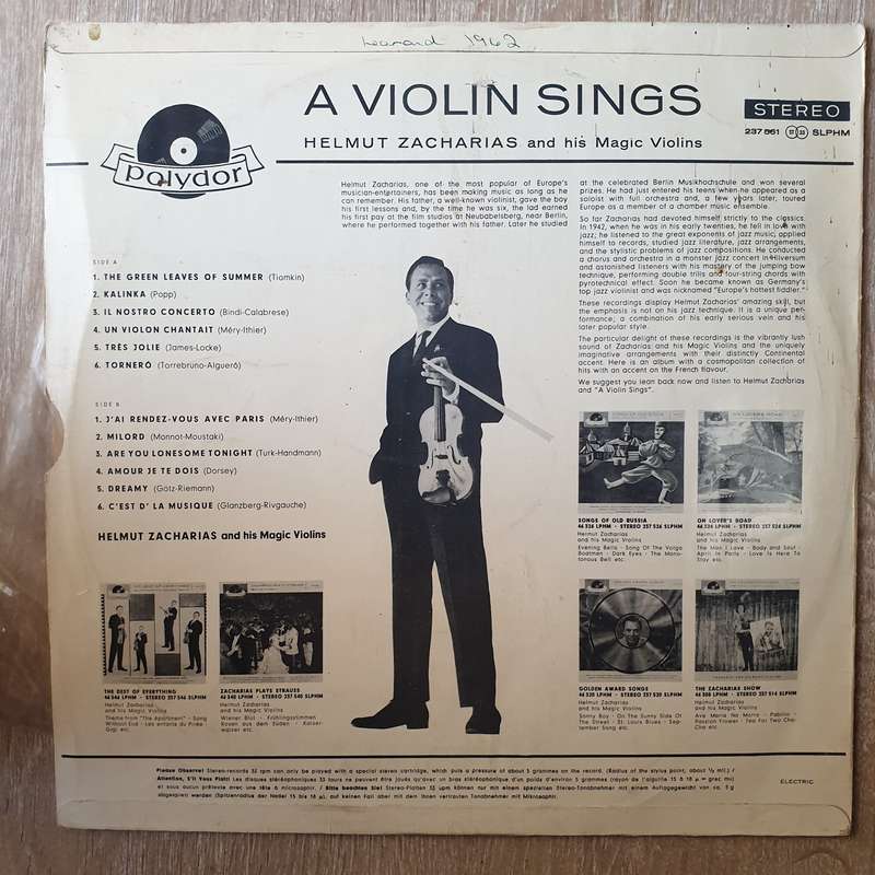 Helmut Zacharias And His Magic Violins  A Violin Sings  Vinyl LP Record - Very-Good+ Qua...