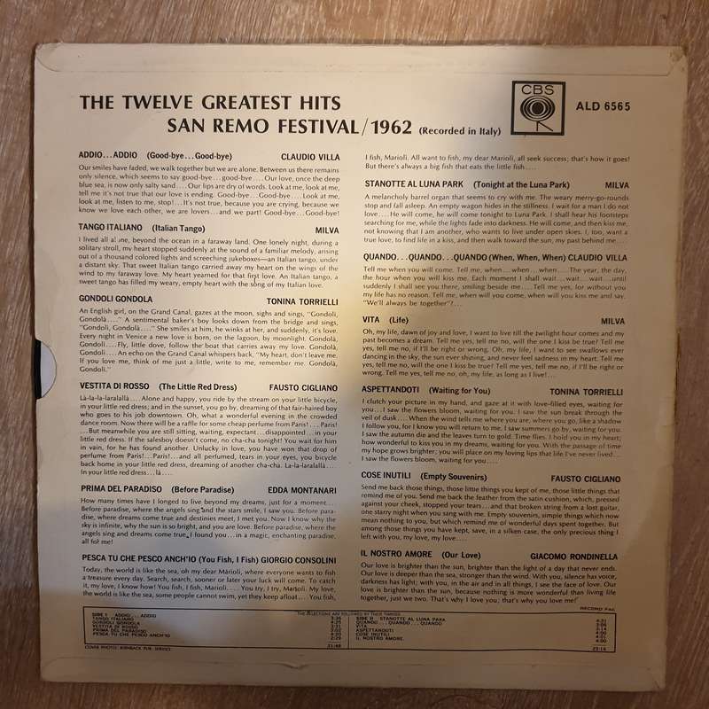 San Remo Festival 1962 - The Twelve Greatest Hits    Vinyl LP Record - Opened  - Good Quali...
