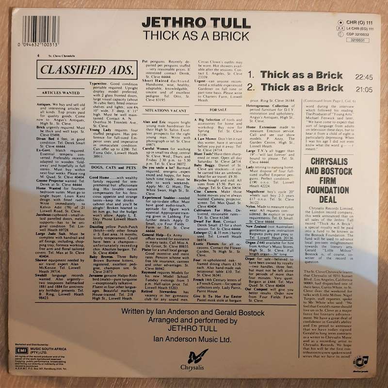 Jethro Tull  Thick As A Brick (Europe)- Vinyl LP Record - Opened  - Very-Good+ (VG+)