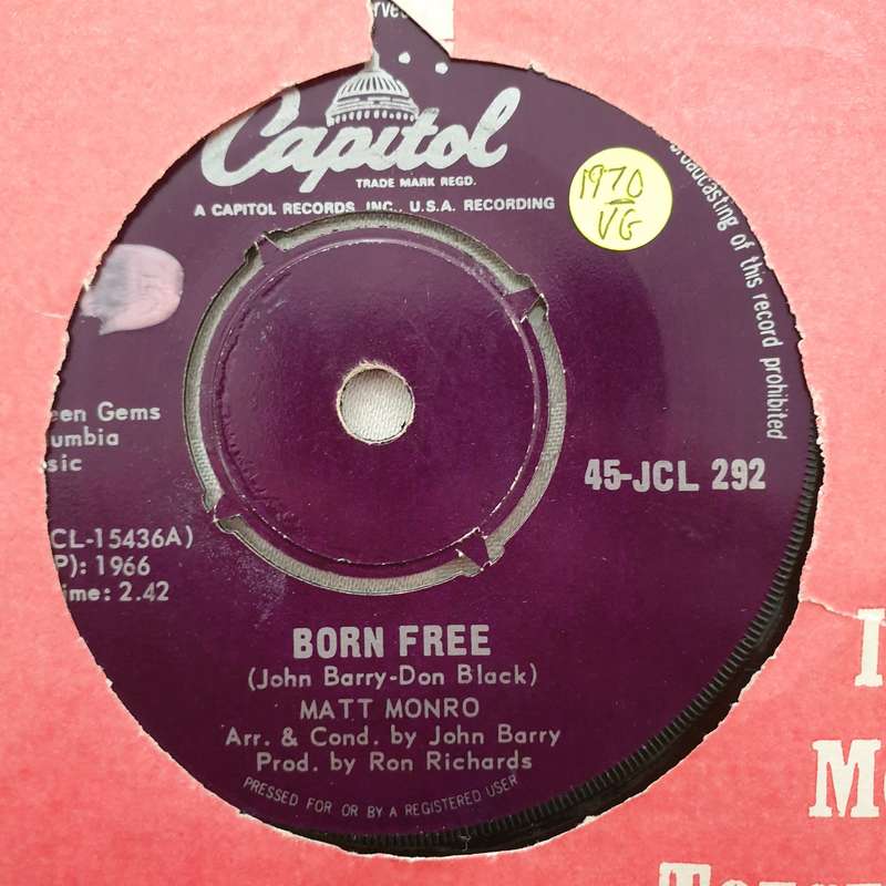 Matt Monro  Born Free - Vinyl 7" Record - Opened  - Very-Good- Quality (VG-)