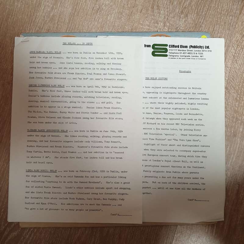 Nolan Sisters with original photo and press release sheets - Vinyl LP Record - Very-Good+ Quality...