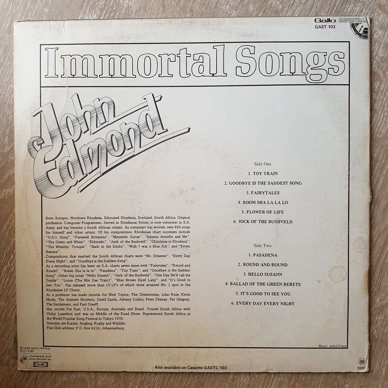 John Edmond - Immortal Songs   Vinyl LP Record - Opened  - Good Quality (G) (Vinyl Specials)