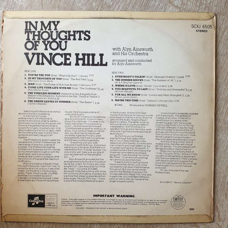 Vince Hill  In My Thoughts Of You - Vinyl LP Record - Very-Good+ Quality (VG+)