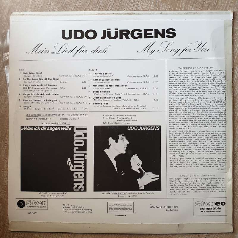 Udo Jürgens  Mein Lied Für Dich - Vinyl LP Record - Very-Good+ Quality (VG+)