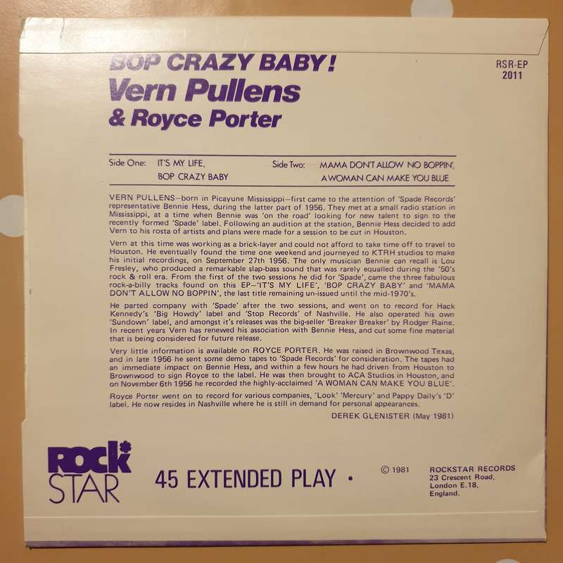 Vern Pullens, Royce Porter  Bop Crazy Baby! - Vinyl 7" Record - Very-Good+ Quality (VG+)