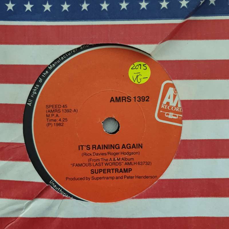 Supertramp  It's Raining Again - Vinyl 7" Record - Very-Good- Quality (VG-)