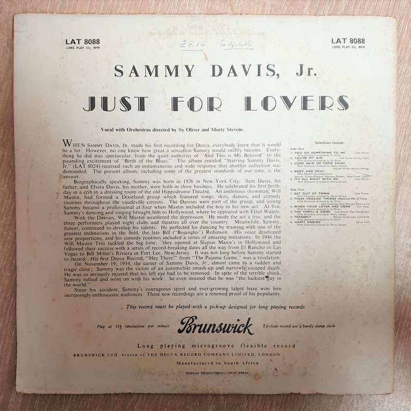 Sammy Davis Jr.  Just For Lovers  - Vinyl LP Record - Good+ Quality (G+)