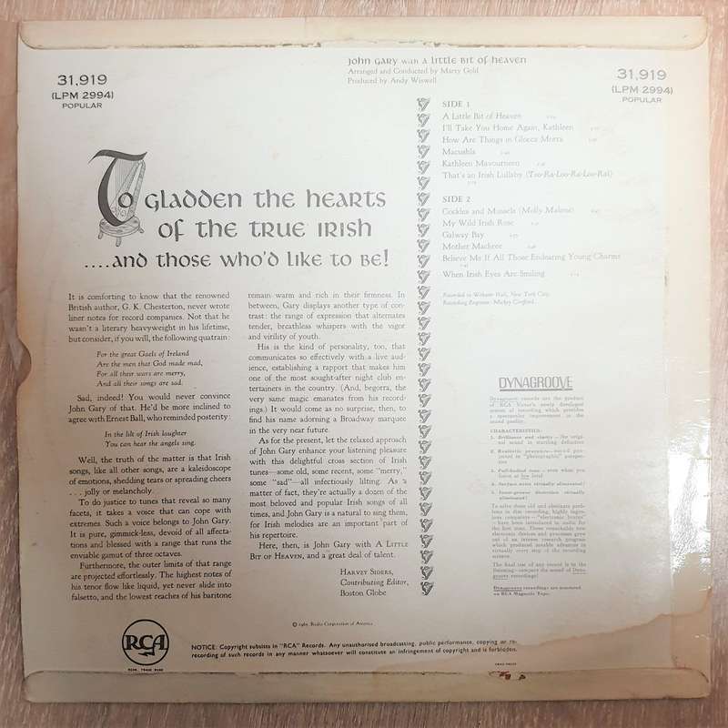 John Gary  A Little Bit Of Heaven  - Vinyl LP Record - Good+ Quality (G+) (Vinyl Specials)