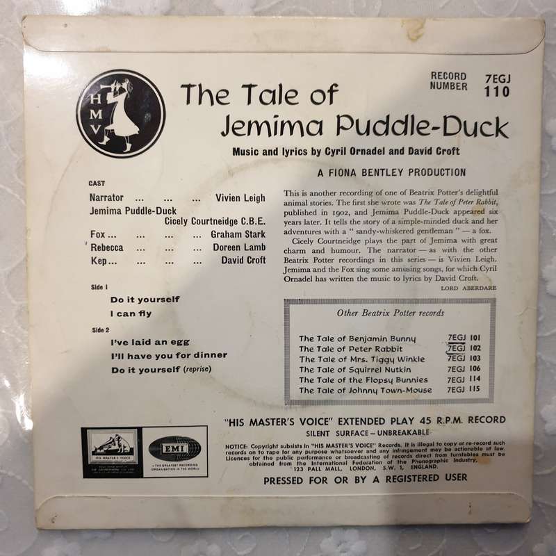 Beatrix Potter - The tale of Jemima Puddle Duck - Vinyl 7" Record - Very-Good Quality (VG)