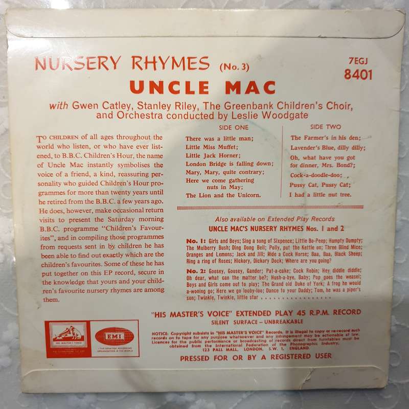 Nursery Rhymes with Uncle Mac - Vinyl 7" Record - Very-Good+ Quality (VG+)