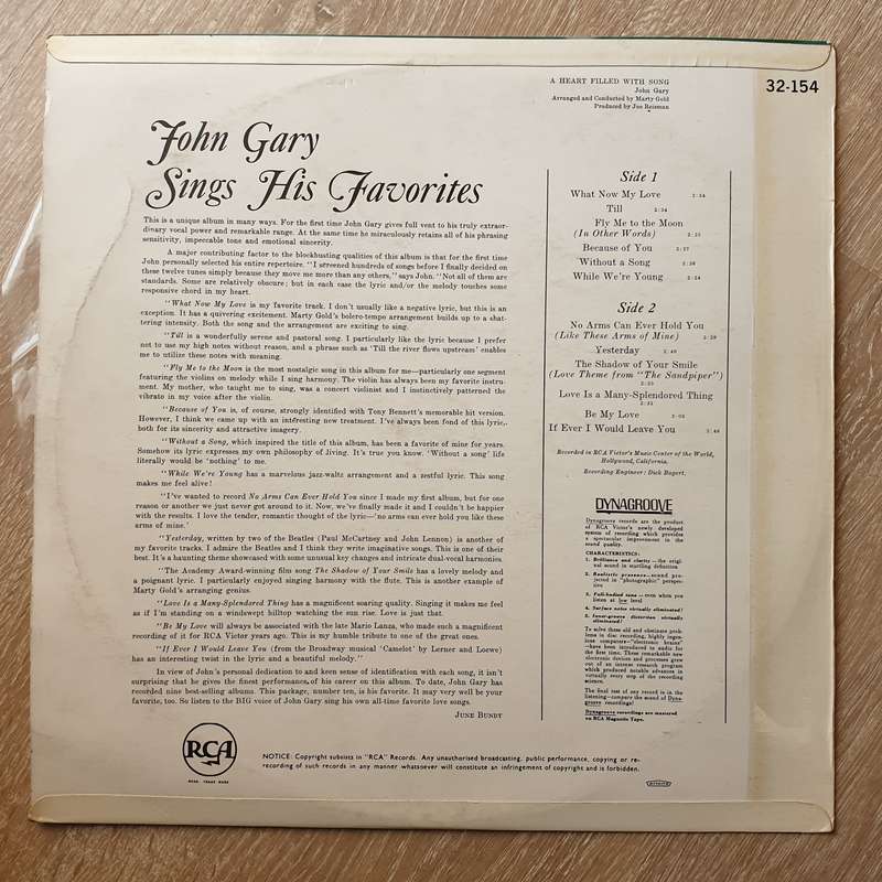 John Gary  A Heart Filled With Song - Vinyl LP Record - Very-Good+ Quality (VG+)