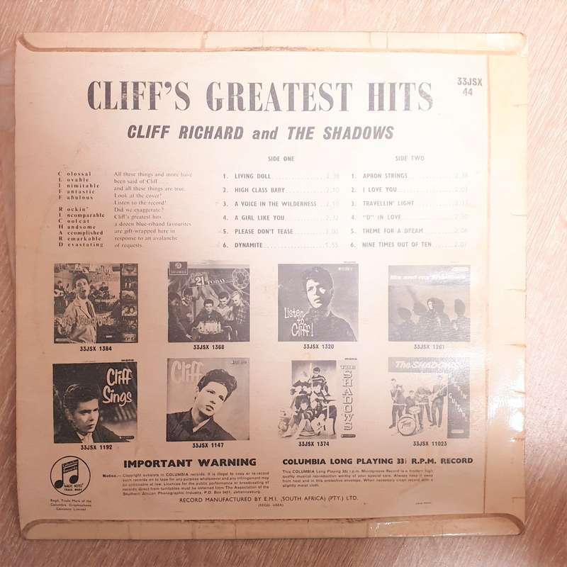 Cliff Richard And The Shadows  Cliff's Greatest Hits - Vinyl LP Record - Good+ Quality (G+)