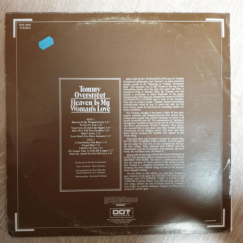 Tommy Overstreet  Heaven Is My Woman's Love - Vinyl LP Record - Very-Good+ Quality (VG+)