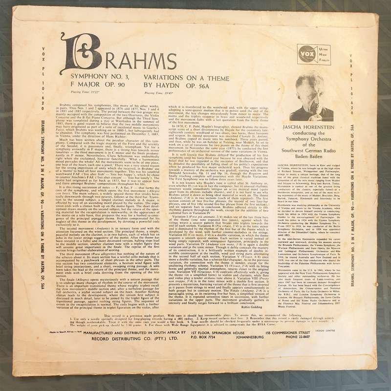 Brahms - Jascha Horenstein Symphony No. 3 in F Majo, Op. 90 - Variations On A Theme By Haydn Op. ...