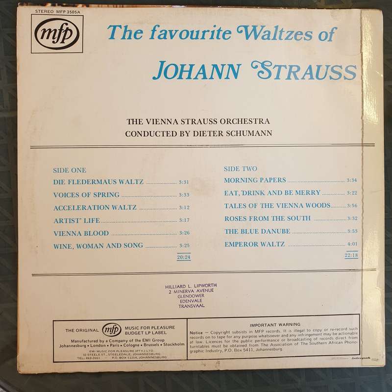 The Favourite Waltzes of Johann Strauss  Vinyl LP Record - Very-Good+ Quality (VG+)