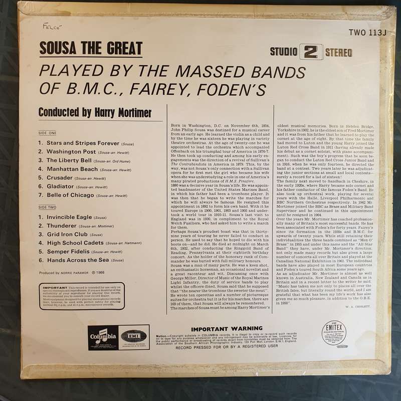 Sousa The Great - Massed Bands of BMC Fairey, Fodens   Vinyl LP Record - Very-Good+ Quality (VG+)