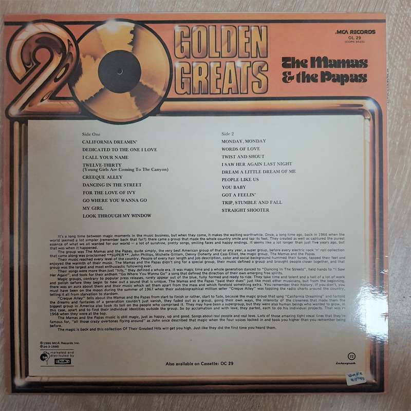 The Mamas & The Papas- 20 Golden Greats - Vinyl LP Record - Very-Good+ Quality (VG+)