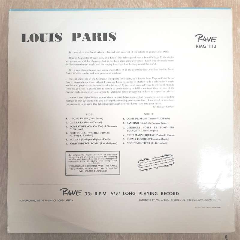 An Evening in Lourenco Marques with Louis Paris - Vinyl LP Record - Very-Good- Quality (VG-)
