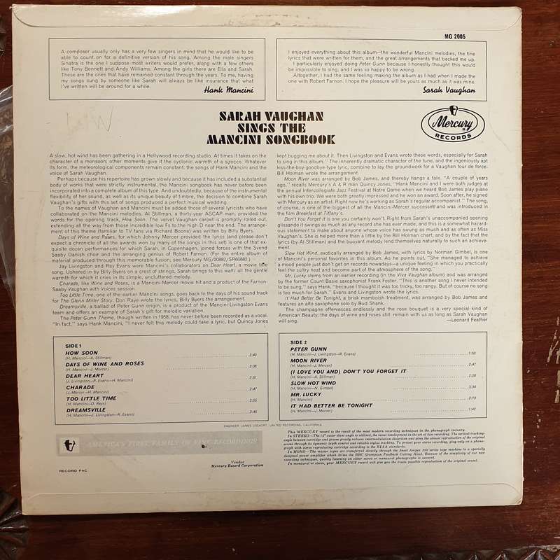 Sarah Vaughan  Sings The Mancini Songbook -  Vinyl LP Record - Very-Good+ Quality (VG+)
