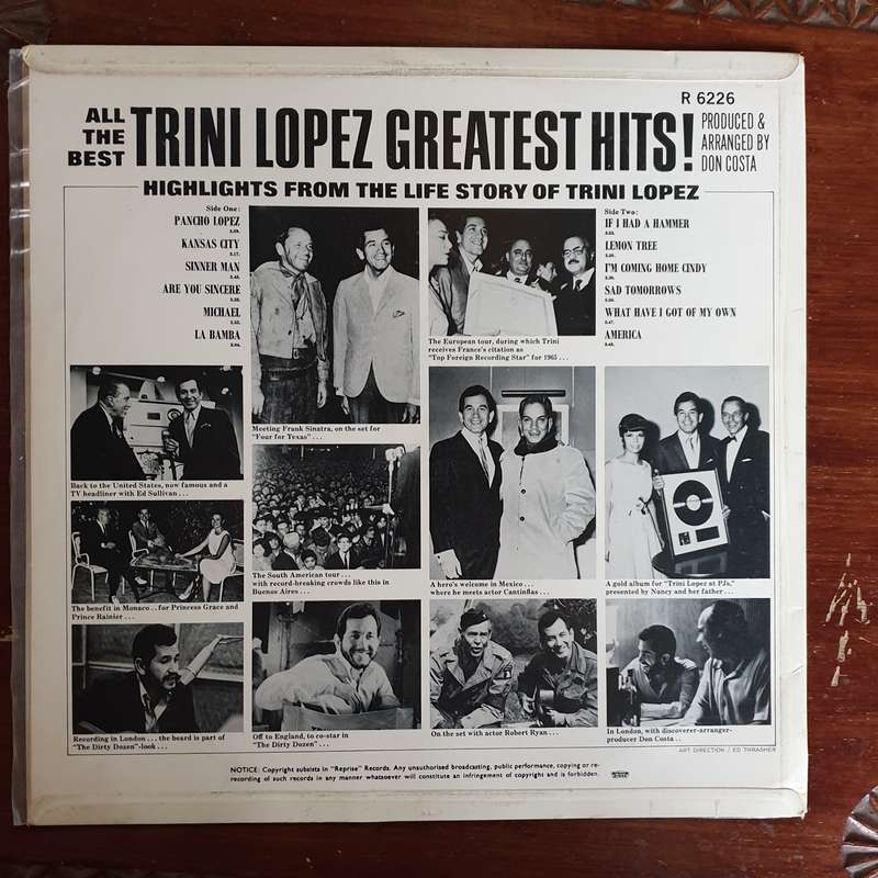 Trini Lopez - Greatest Hits  - Vinyl LP Record - Very-Good+ Quality (VG+)