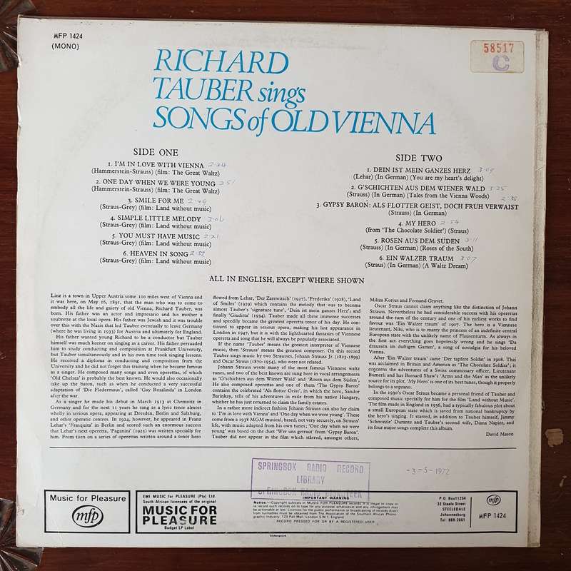 Richard Tauber Sings Songs of Old Vienna - Vinyl LP Record - Very-Good+ Quality (VG+)