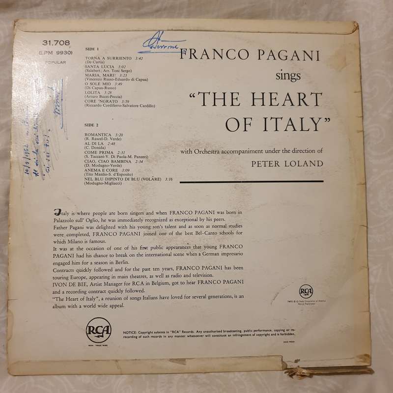 Franco Pagani  The Heart Of Italy - Vinyl LP Record - Good+ Quality (G+)