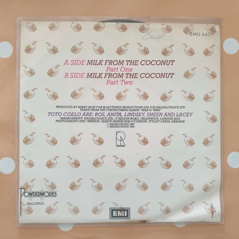 Toto Coelo  Milk From The Coconut - Vinyl 7" Record - Very-Good+ Quality (VG+)