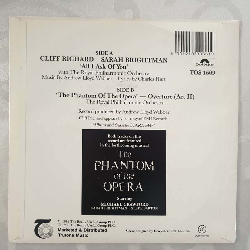Cliff Richard, Sarah Brightman  All I Ask Of You - Vinyl 7" Record - Very-Good+ Quality (VG+)
