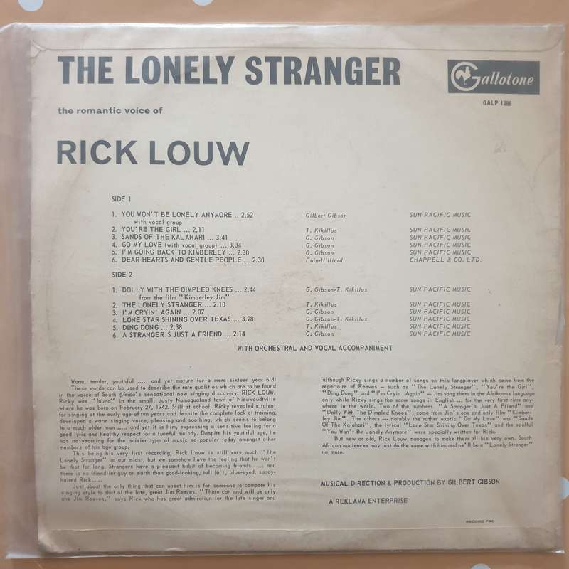 Rick Louw - The Lonely Stranger - Vinyl LP Record - Very-Good Quality (VG)