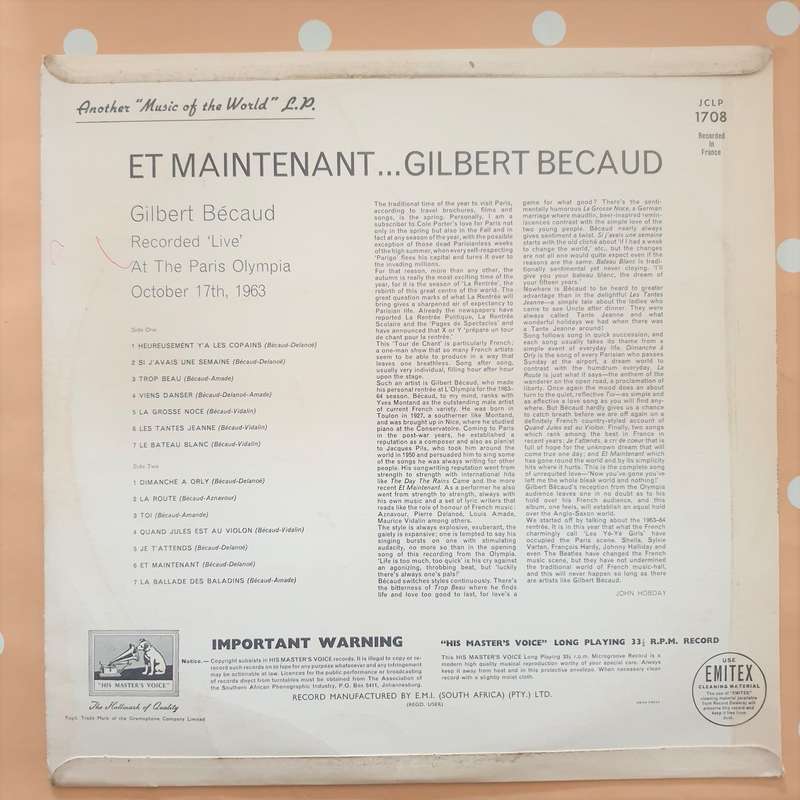 Gilbert Becaud  Et Maintenant - Recorded Live at the Paris Olympia - Vinyl LP Record - Very...