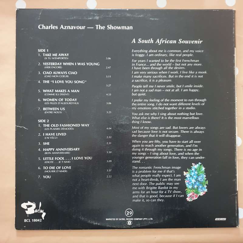 Charles Aznavour  A South African Souvenir  -  Vinyl LP Record - Very-Good+ Quality (VG+)