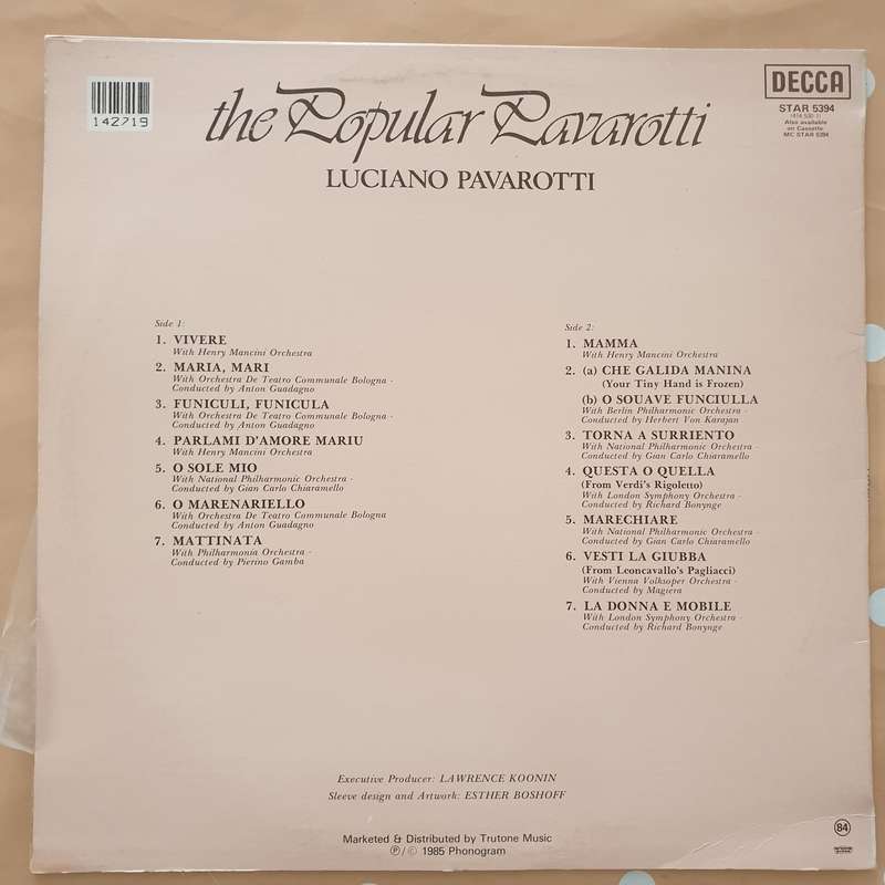Luciano Pavarotti - The Popular Pavarotti  -  Vinyl LP Record - Very-Good+ Quality (VG+)