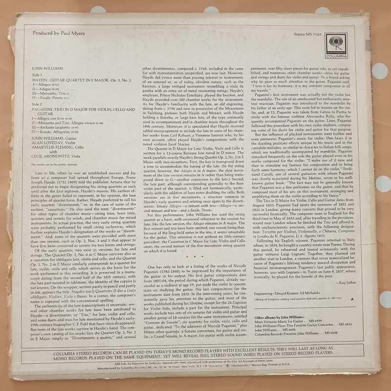 John Williams , Paganini, Haydn  Paganini: Guitar Trio - Haydn: Guitar Quartet -  Vinyl LP ...