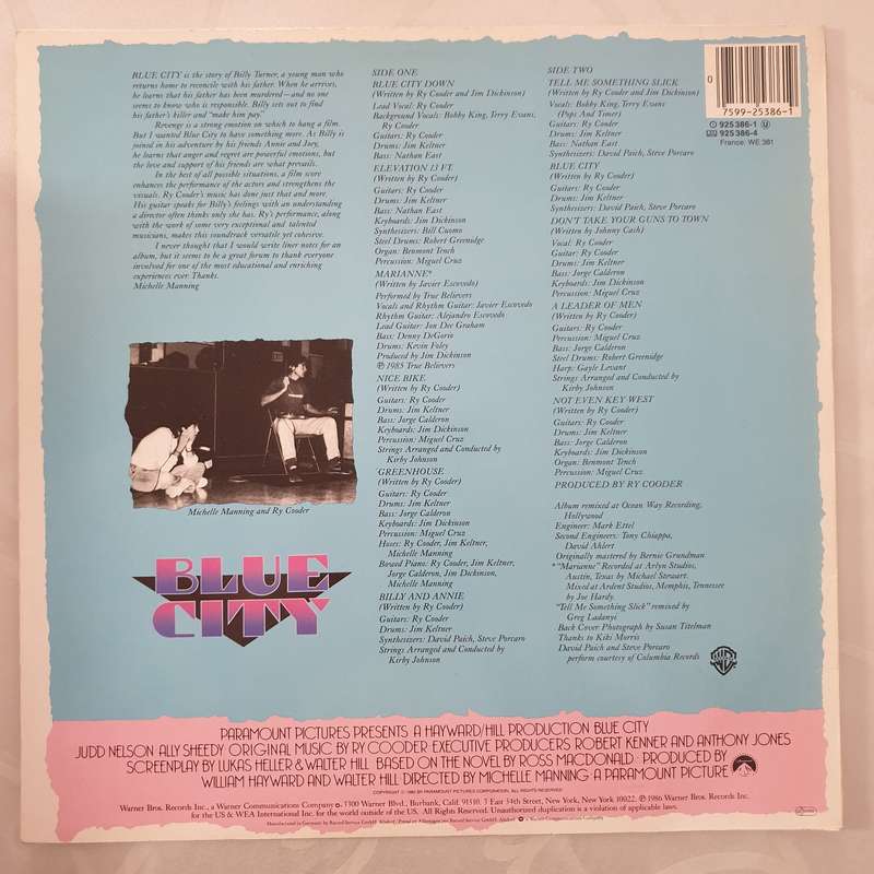 Ry Cooder  Blue City (Motion Picture Soundtrack) - Vinyl LP Record - Very-Good+ Quality (VG+)