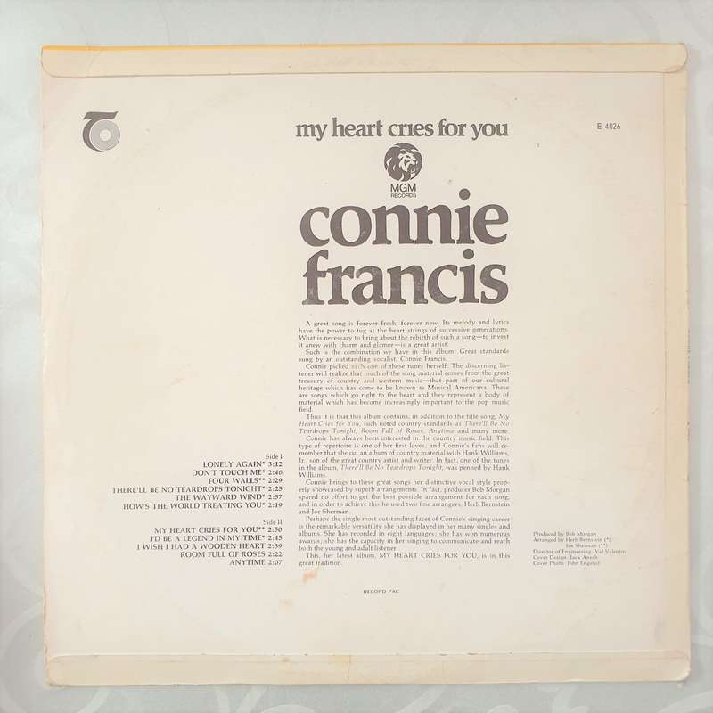 Connie Francis  My Heart Cries For You - Vinyl LP Record - Opened  - Very-Good- Quality (VG-)